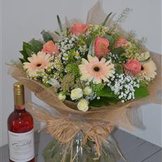 Peach Rose and Gerbera Hand Tied with Rose Wine