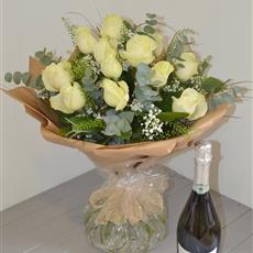 Heavenly White Rose Hand Tied with Prosecco