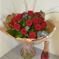 24 Red Naomi Rose Hand Tied with Rose Champagne