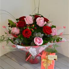 Red and Pink Rose Hand Tied with Chocolates