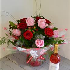 Red and Pink Rose Hand Tied with Rose Wine