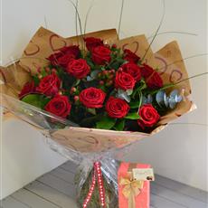 18 Red Naomi Roses Handtied with Chocolates