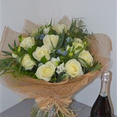 White Rose and Freesia Handtied with Prosecco
