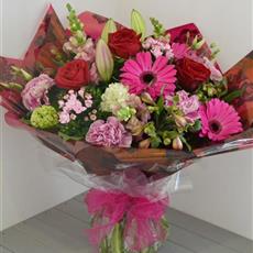 Romantic Red and Pink Rose and Gerbera Hand Tied