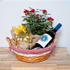 Gift set - patio rose, wine, Belgian chocolates and candle