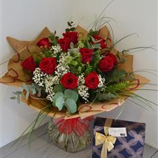 12 Red Naomi Rose Handtied with 345gm Chocolates