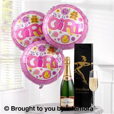 Celebratory Champagne and Baby Girl Balloons