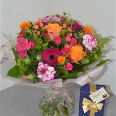 Autumn Orange and Raspberry Ripple with chocolates Handtied Bouquet